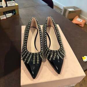 Christopher Kane Patent Kitten Heels 5.5 (36) bling Fringe ships fast black NEW